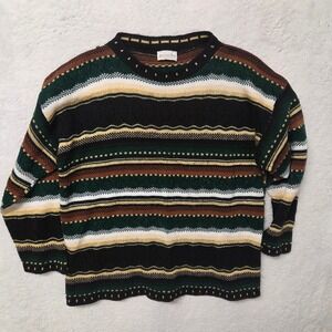 Parkway Knits Vintage 90s Striped Metallic Lurex Crewneck Sweater Green Black M